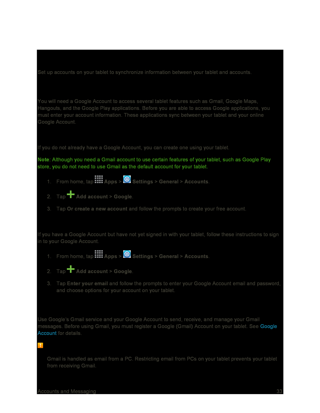 Accounts and Messaging Galaxy Tab S 10.5 Sprint