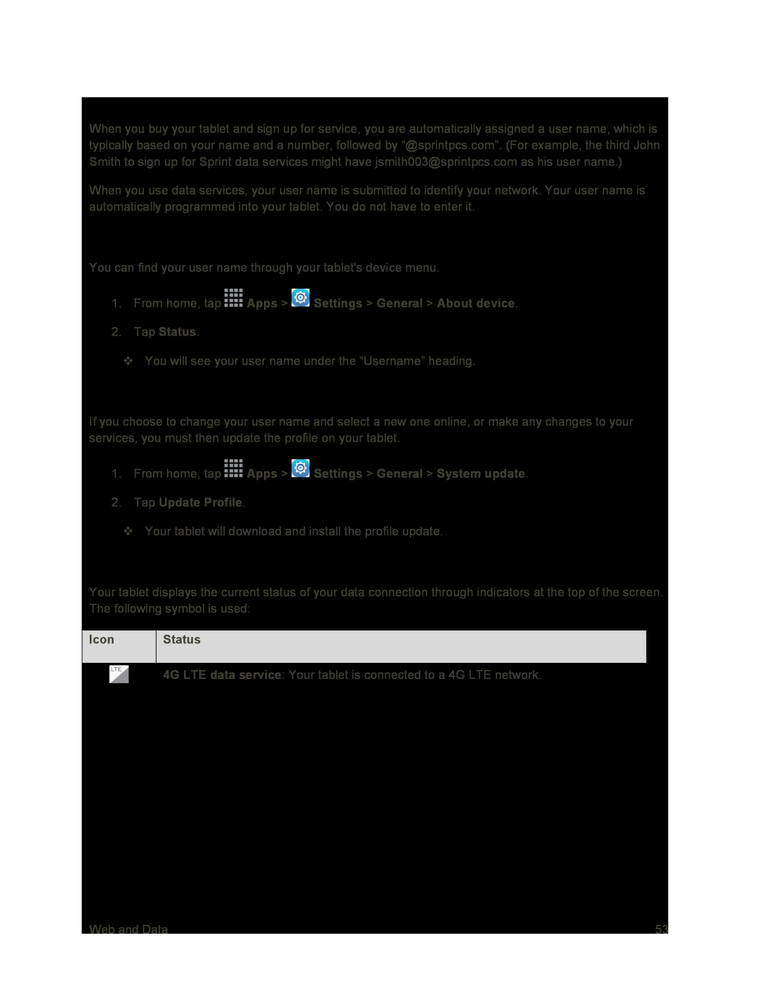 Data Connection Status and Indicators Galaxy Tab S 10.5 Sprint