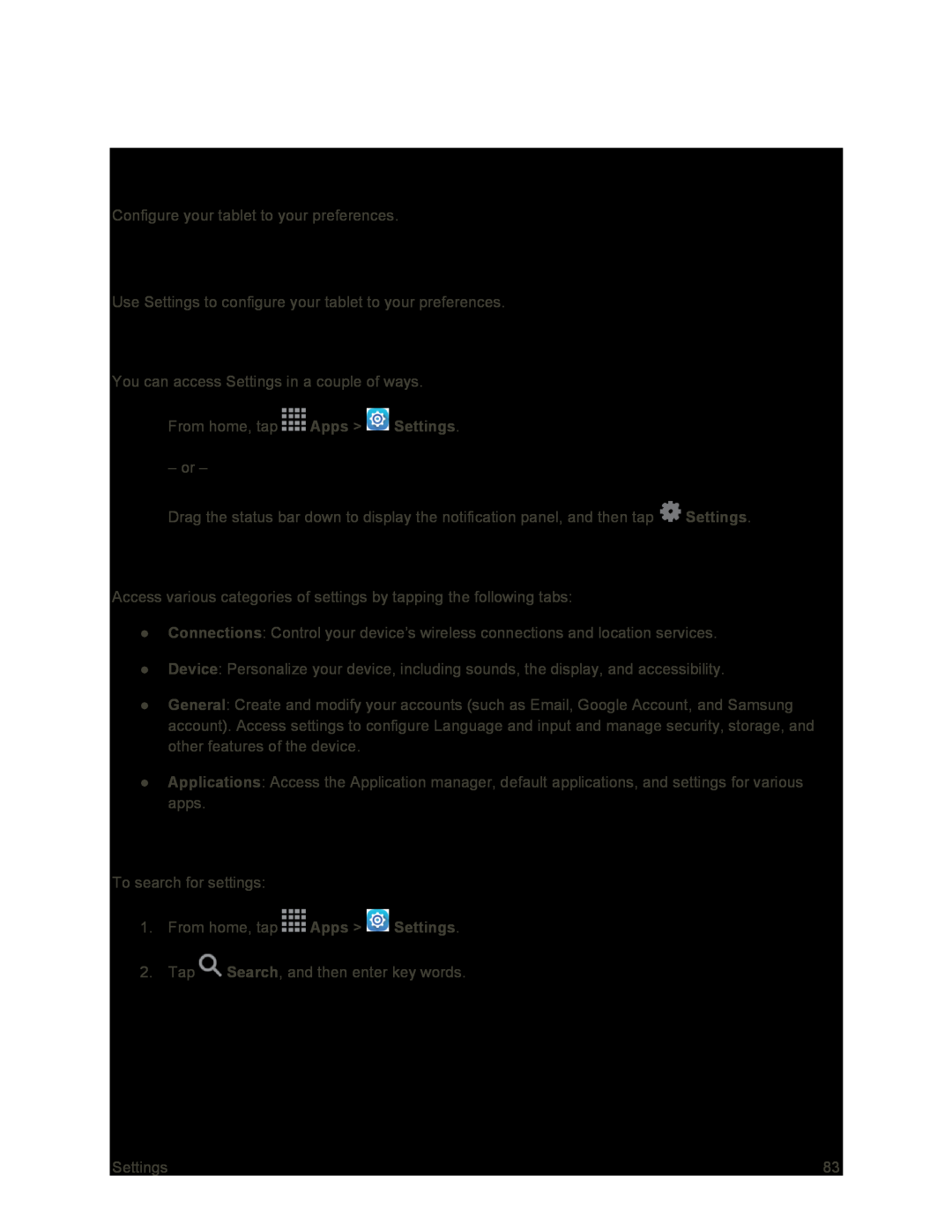 Access Settings Categories of Settings