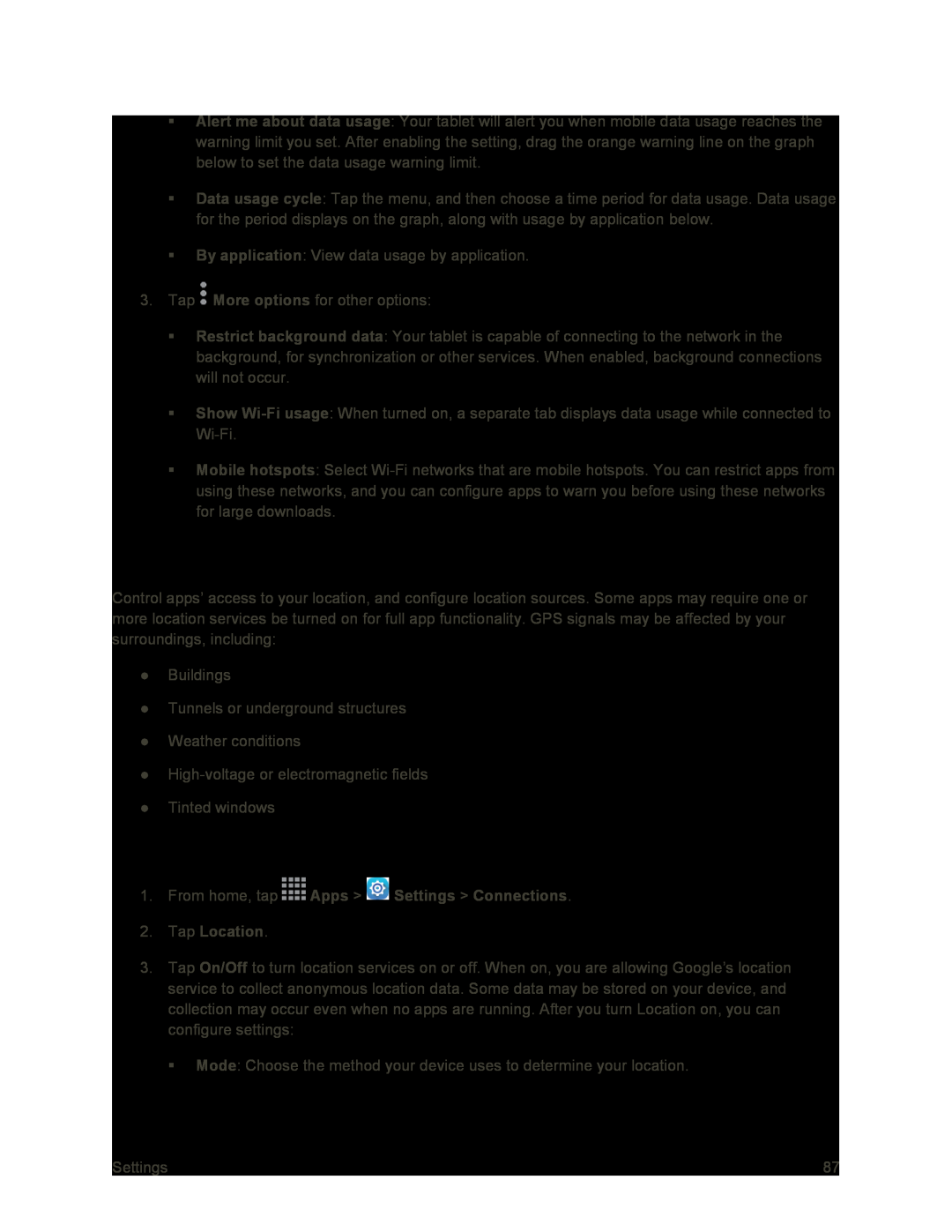 Location Settings Galaxy Tab S 10.5 Sprint