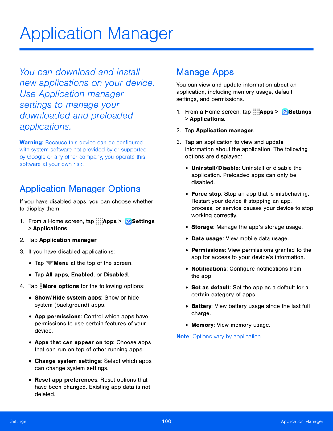 Application Manager Options Manage Apps