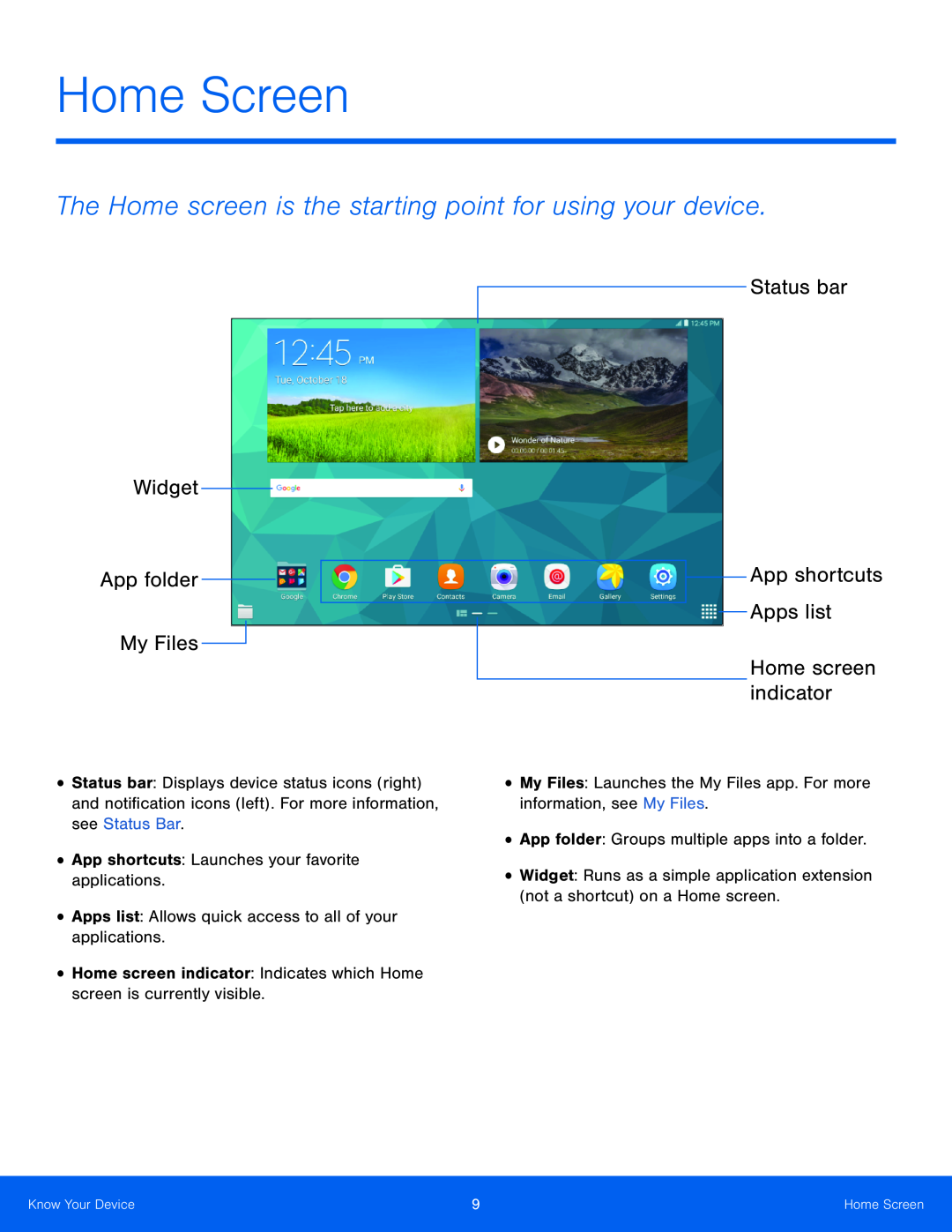 The Home screen is the starting point for using your device Galaxy Tab S 10.5 US Cellular