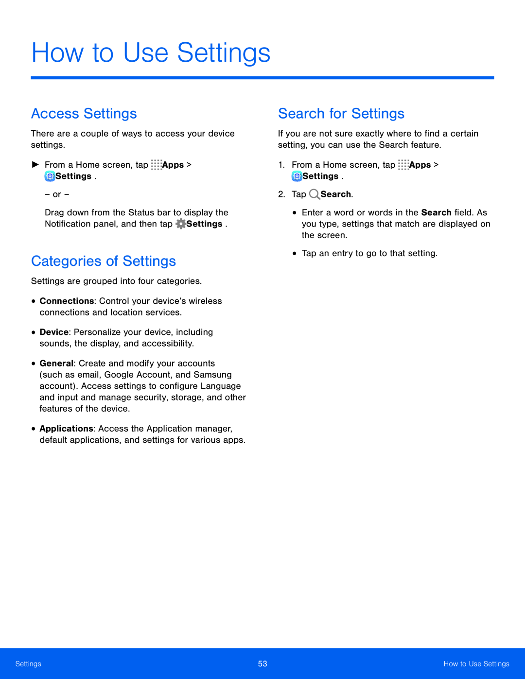 Access Settings Categories of Settings