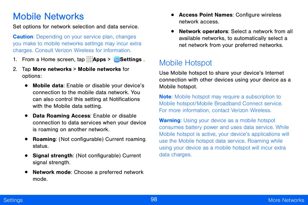 Mobile Networks Galaxy Tab S 10.5 Verizon