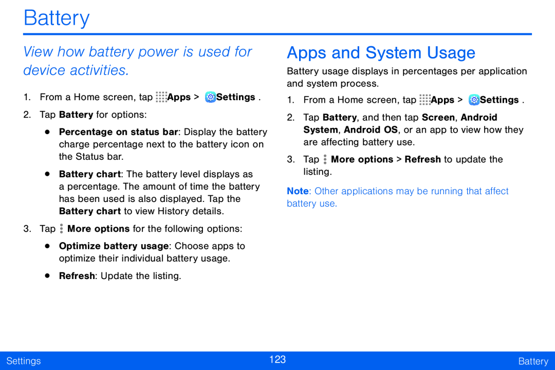 View how battery power is used for device activities Apps and System Usage