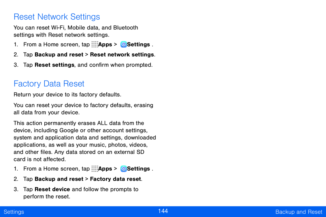 Reset Network Settings Factory Data Reset