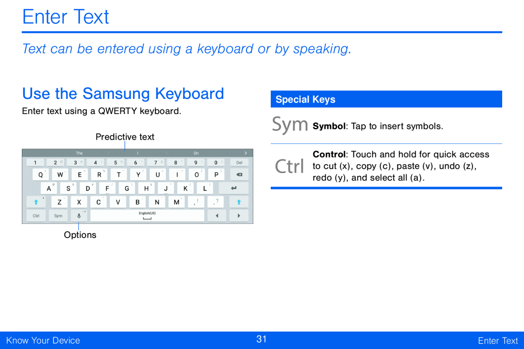 Text can be entered using a keyboard or by speaking Use the Samsung Keyboard