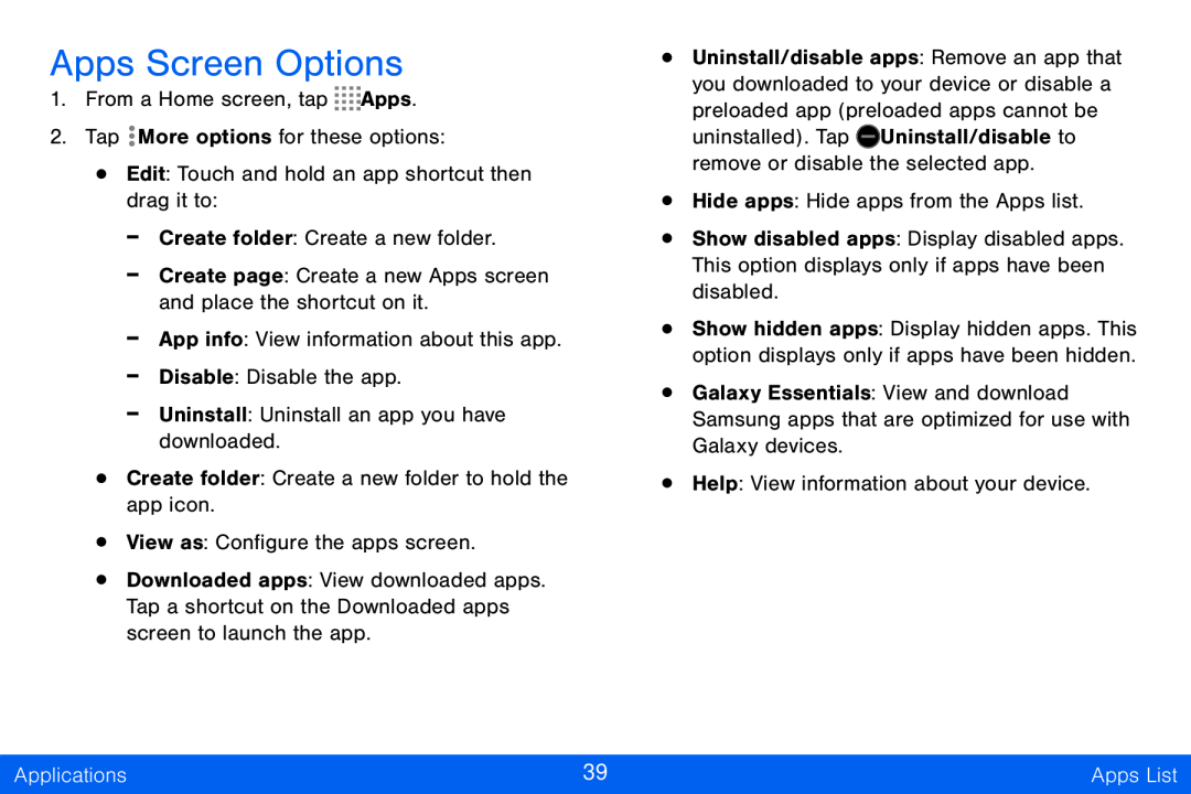 Apps Screen Options Galaxy Tab S 10.5 Verizon