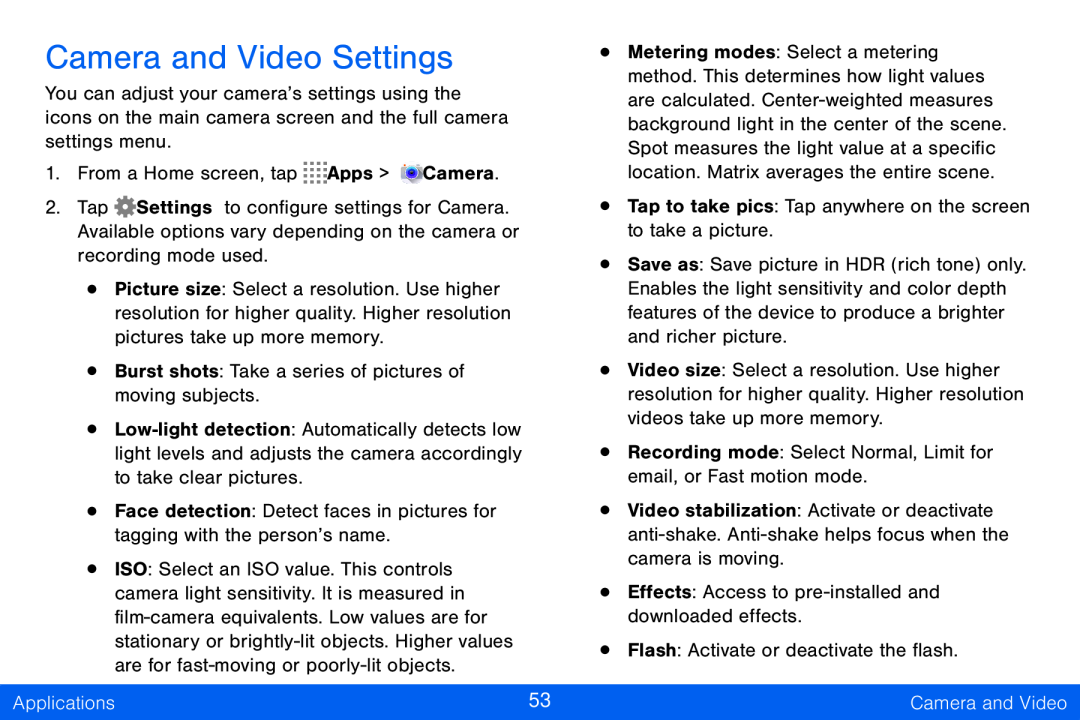 Camera and Video Settings Galaxy Tab S 10.5 Verizon