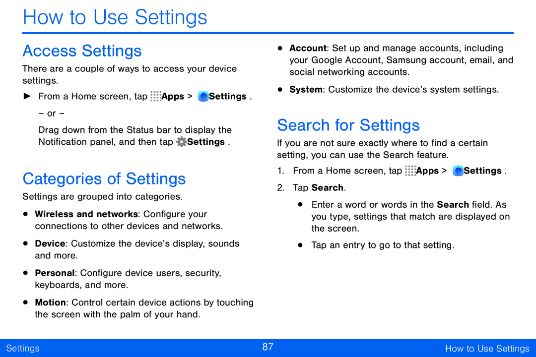 Access Settings Categories of Settings