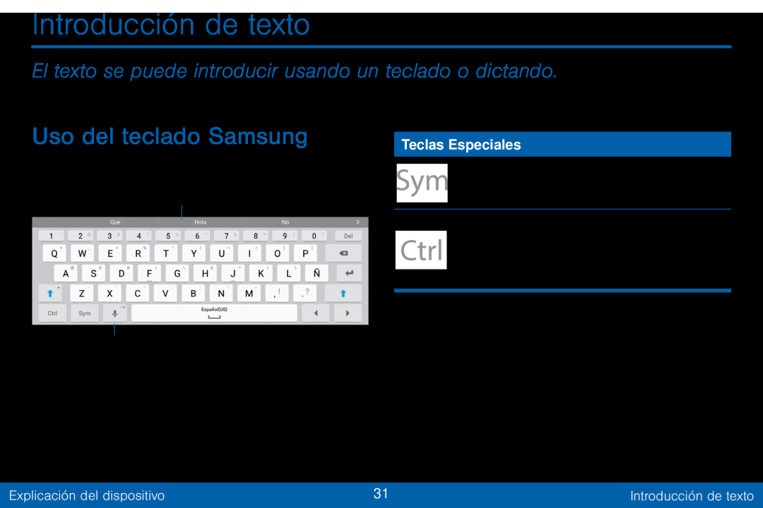 El texto se puede introducir usando un teclado o dictando Uso del teclado Samsung