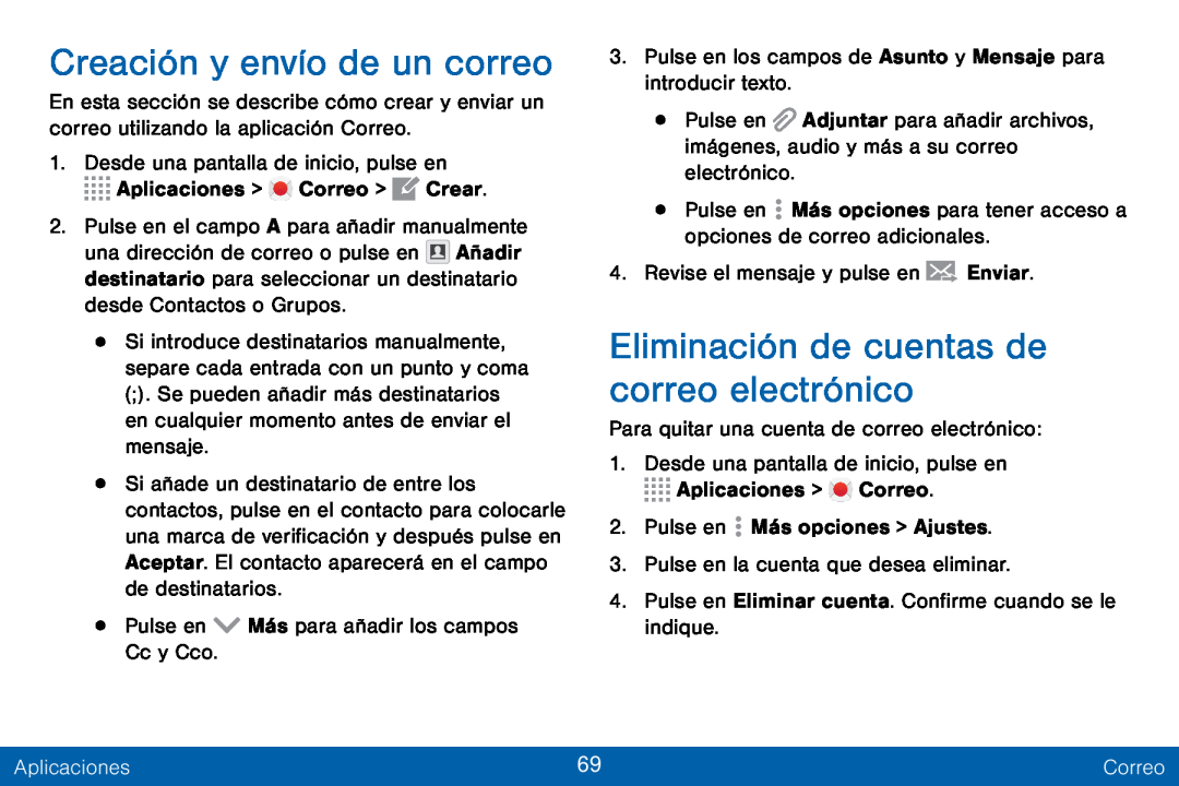 Creación y envío de un correo Eliminación de cuentas de correo electrónico