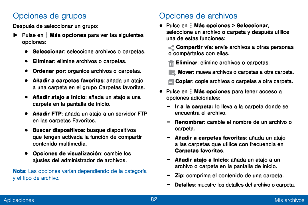 Opciones de grupos Opciones de archivos