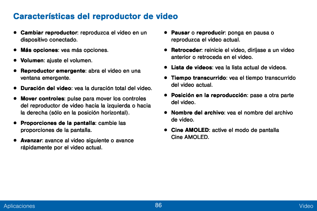 Características del reproductor de video