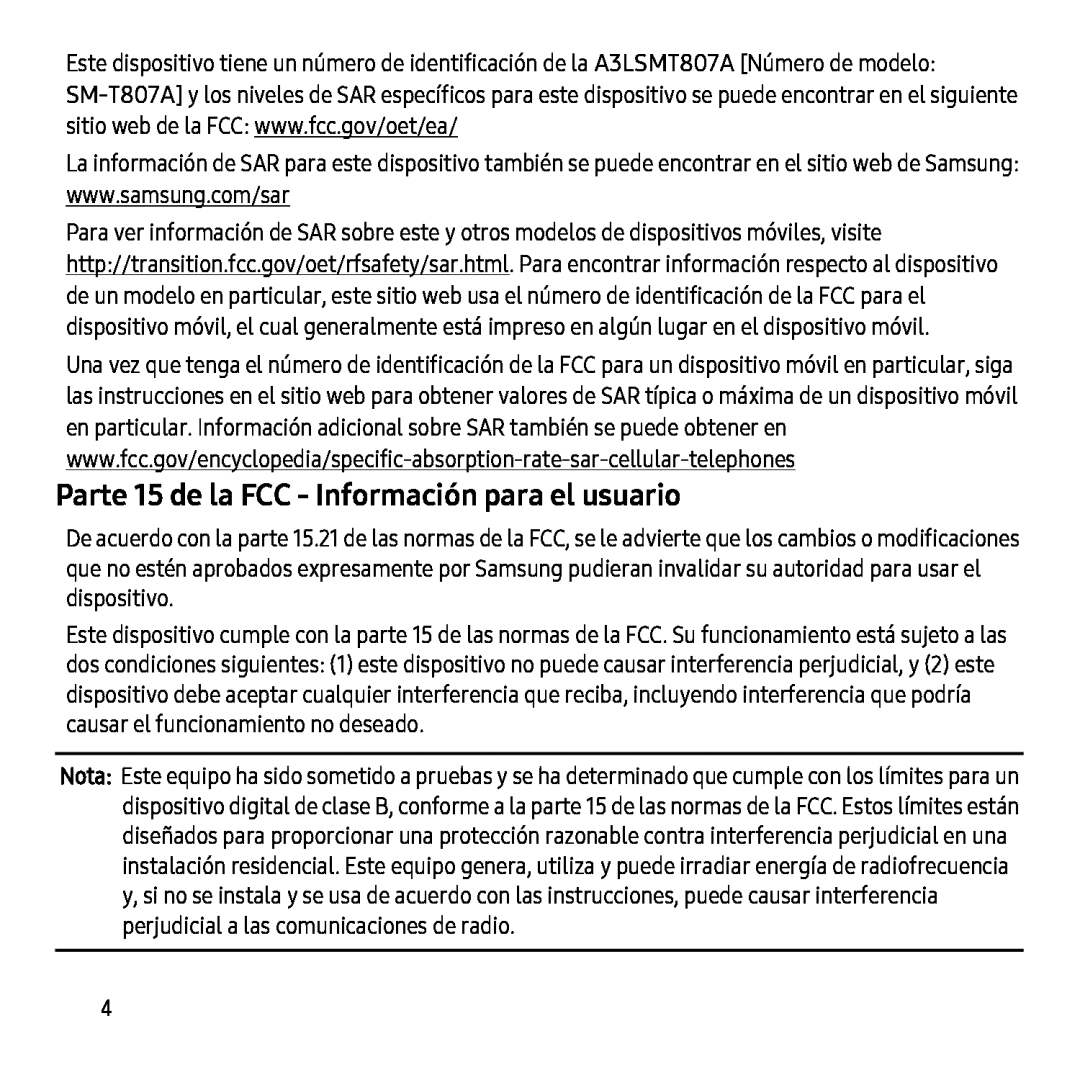 Parte 15 de la FCC - Información para el usuario Galaxy Tab S 10.5 AT&T