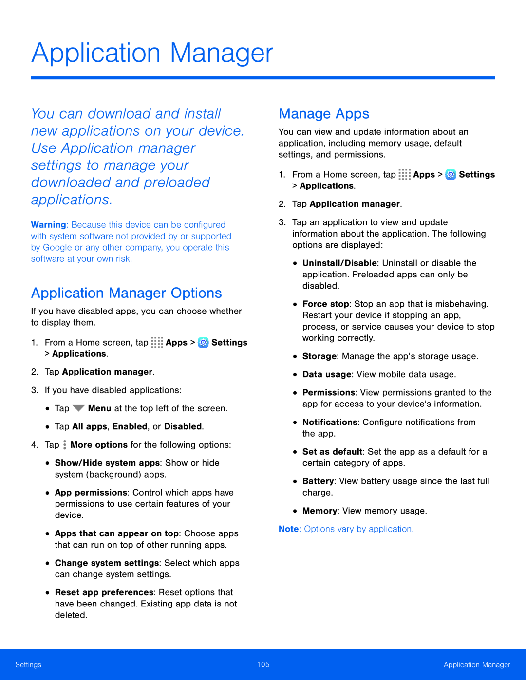 Application Manager Options Manage Apps