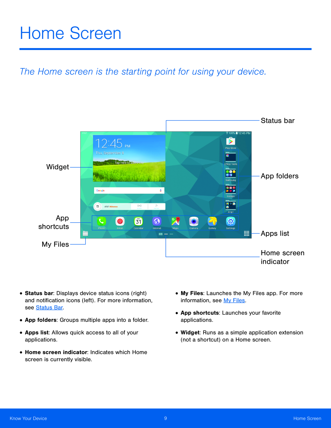 The Home screen is the starting point for using your device Galaxy Tab S 10.5 AT&T