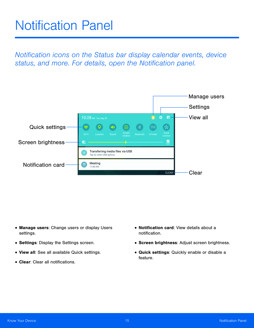 Quick settings Screen brightness Galaxy Tab S 10.5 AT&T