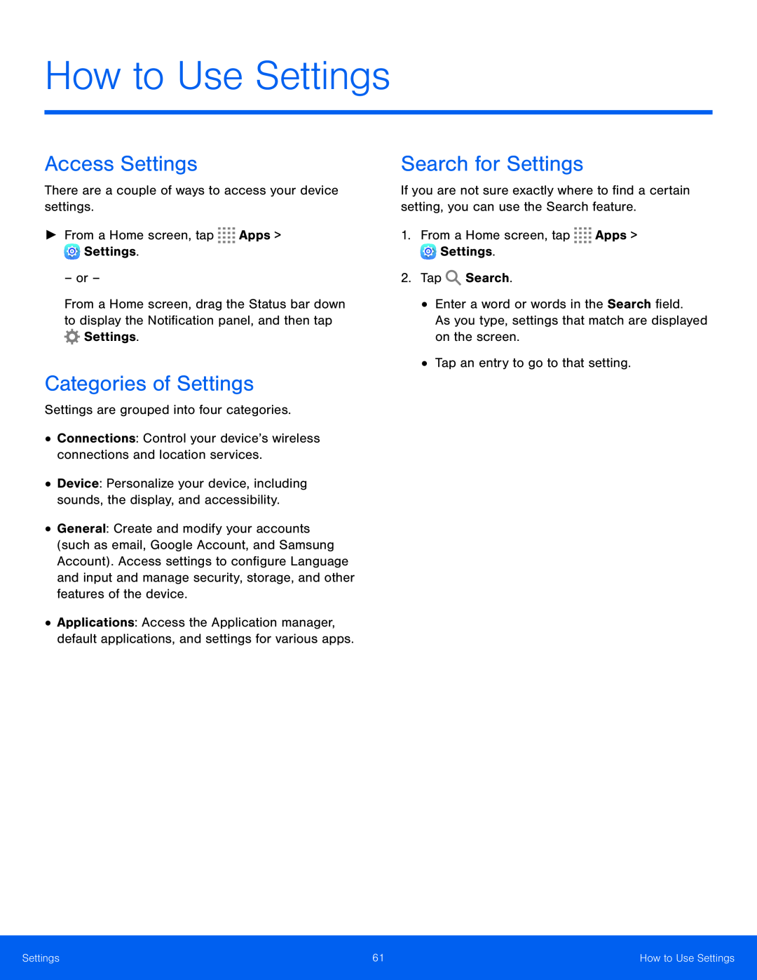 Access Settings Categories of Settings