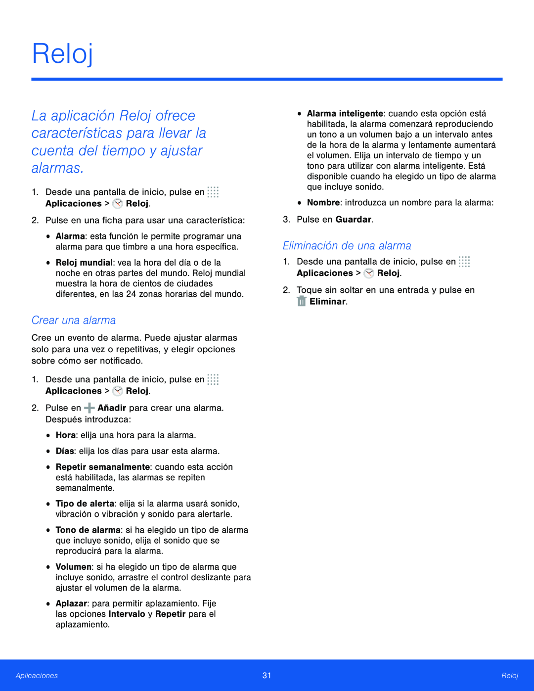 Crear una alarma Eliminación de una alarma