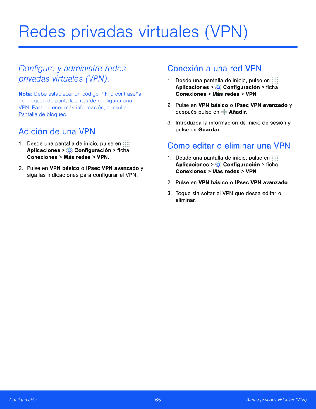 Configure y administre redes privadas virtuales (VPN) Galaxy Tab S 10.5 T-Mobile