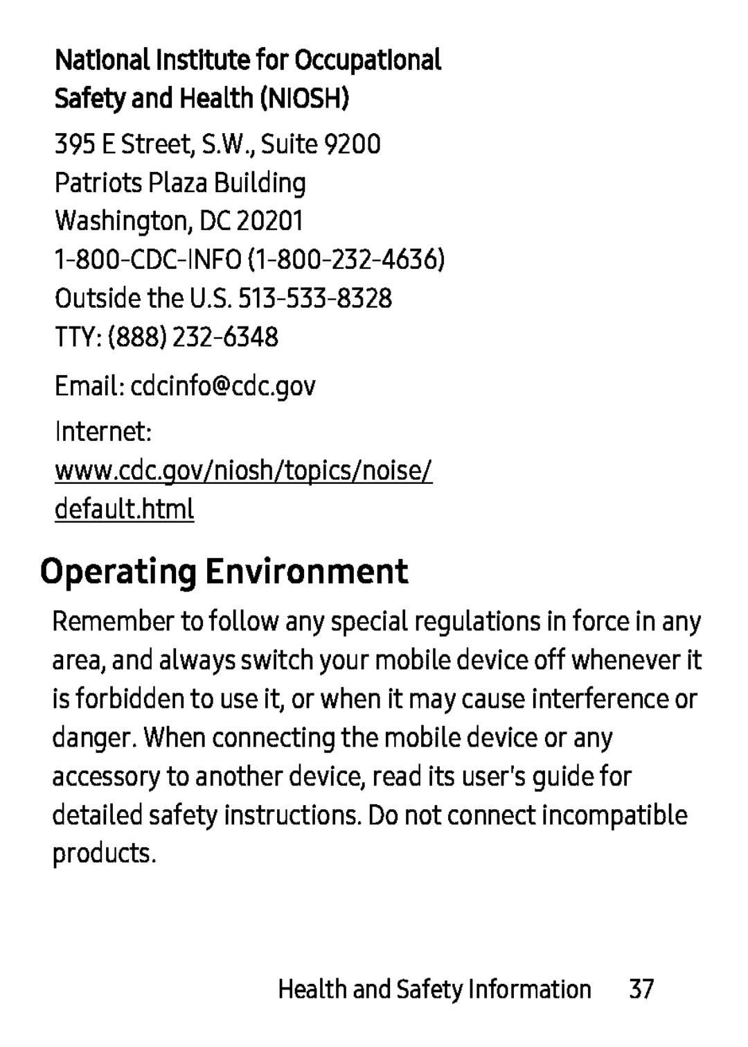 395 E Street, S.W., Suite 9200 Patriots Plaza Building Washington, DC www.cdc.gov/niosh/topics/noise