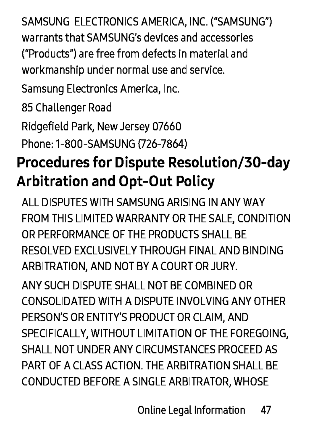 Procedures for Dispute Resolution/30-dayArbitration and Opt-OutPolicy Galaxy Tab S 8.4 Verizon