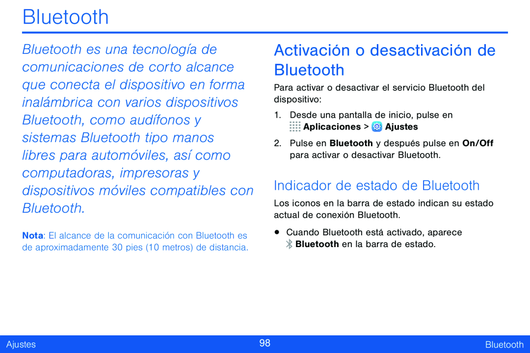 Indicador de estado de Bluetooth Activación o desactivación de Bluetooth