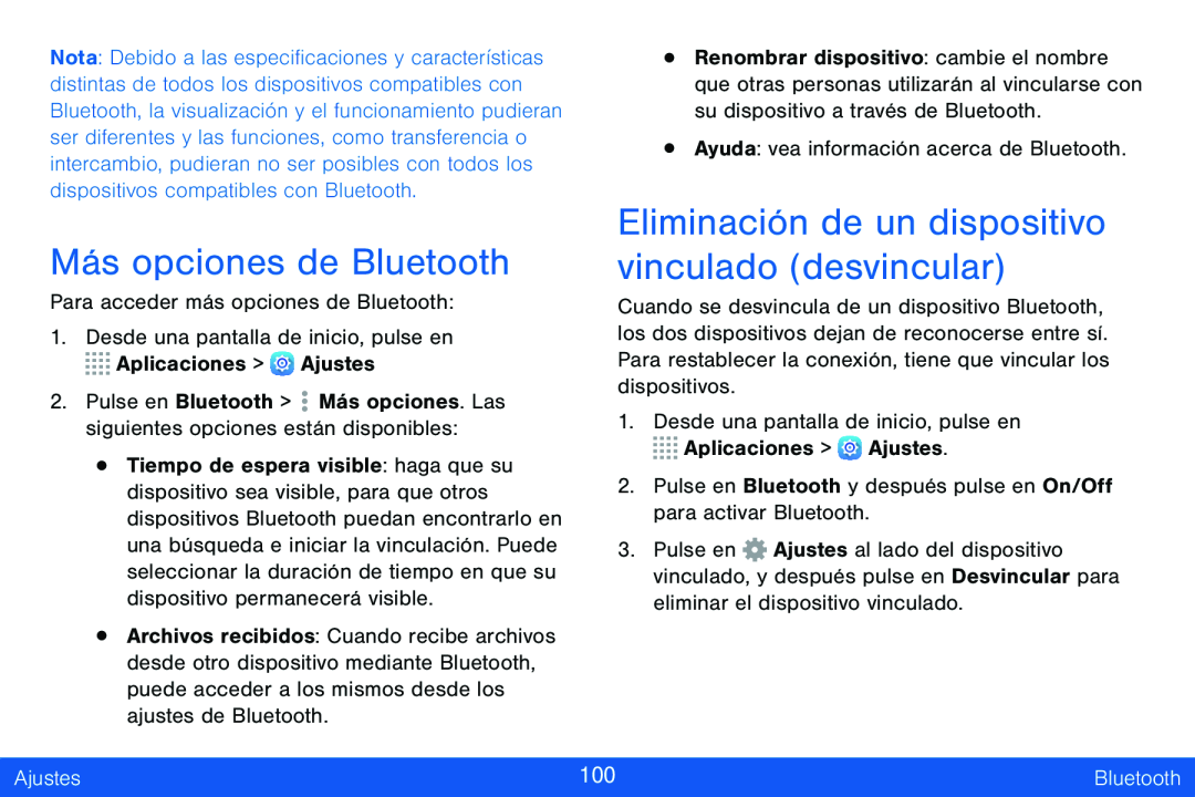 Más opciones de Bluetooth Eliminación de un dispositivo vinculado (desvincular)