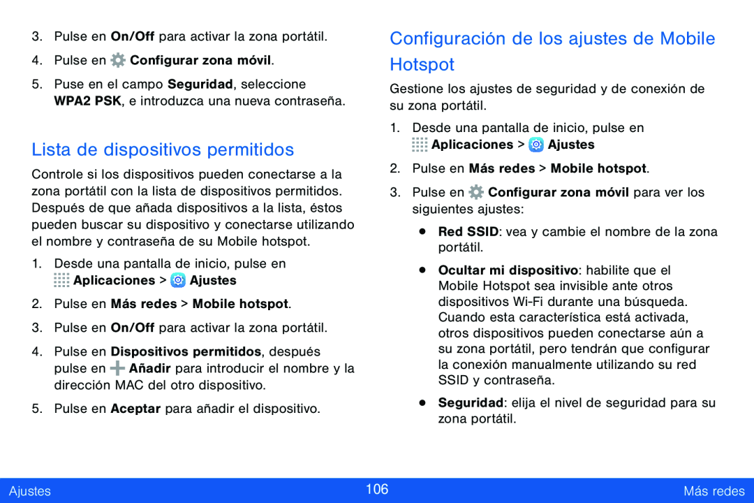 Lista de dispositivos permitidos Configuración de los ajustes de Mobile Hotspot