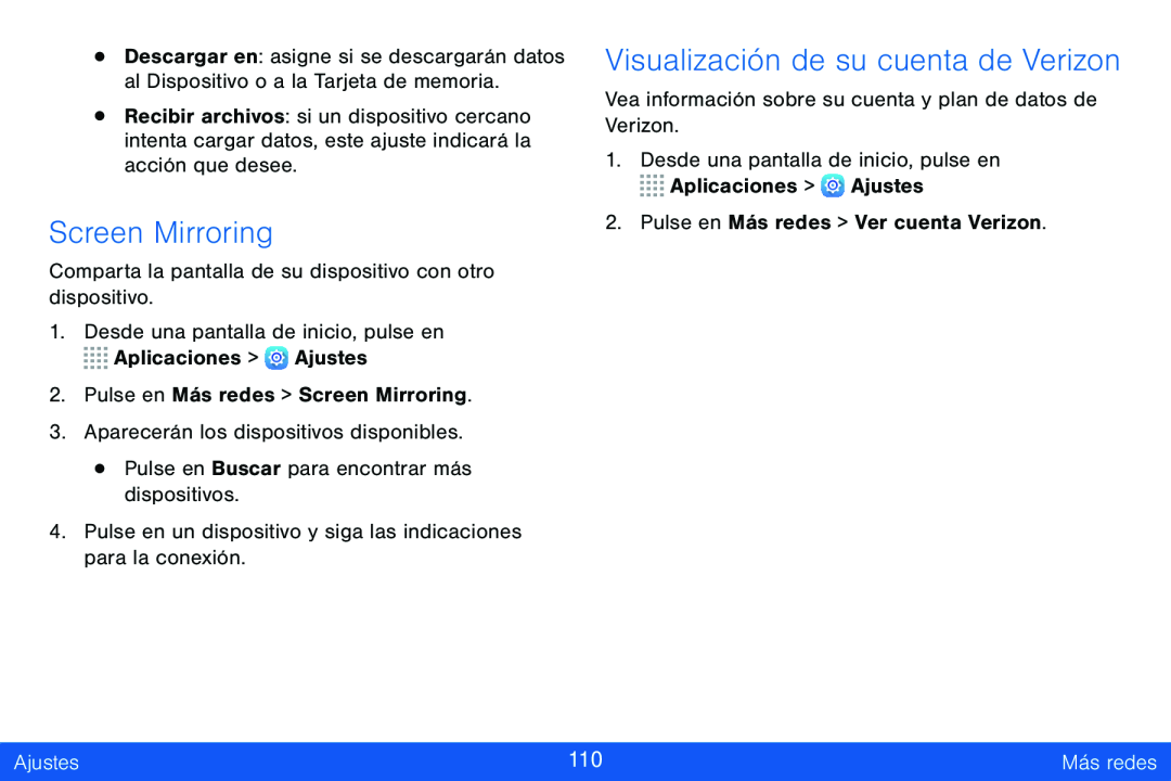 Screen Mirroring Visualización de su cuenta de Verizon