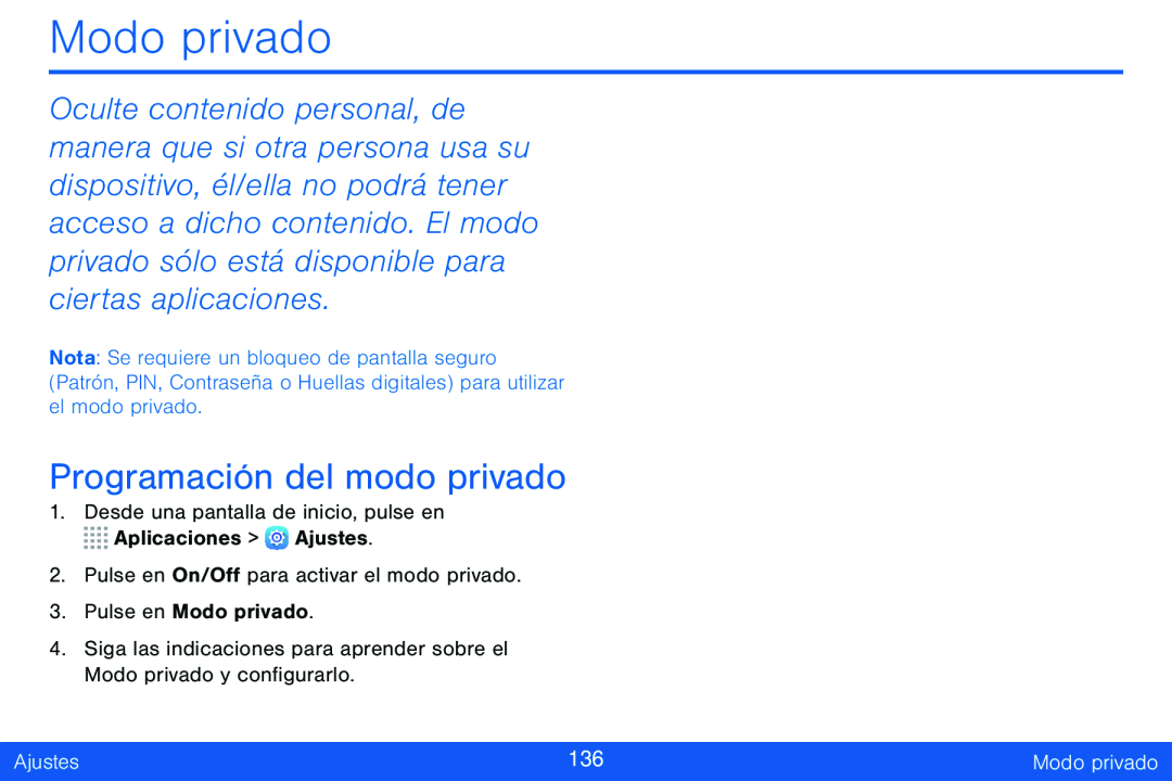 Programación del modo privado Modo privado