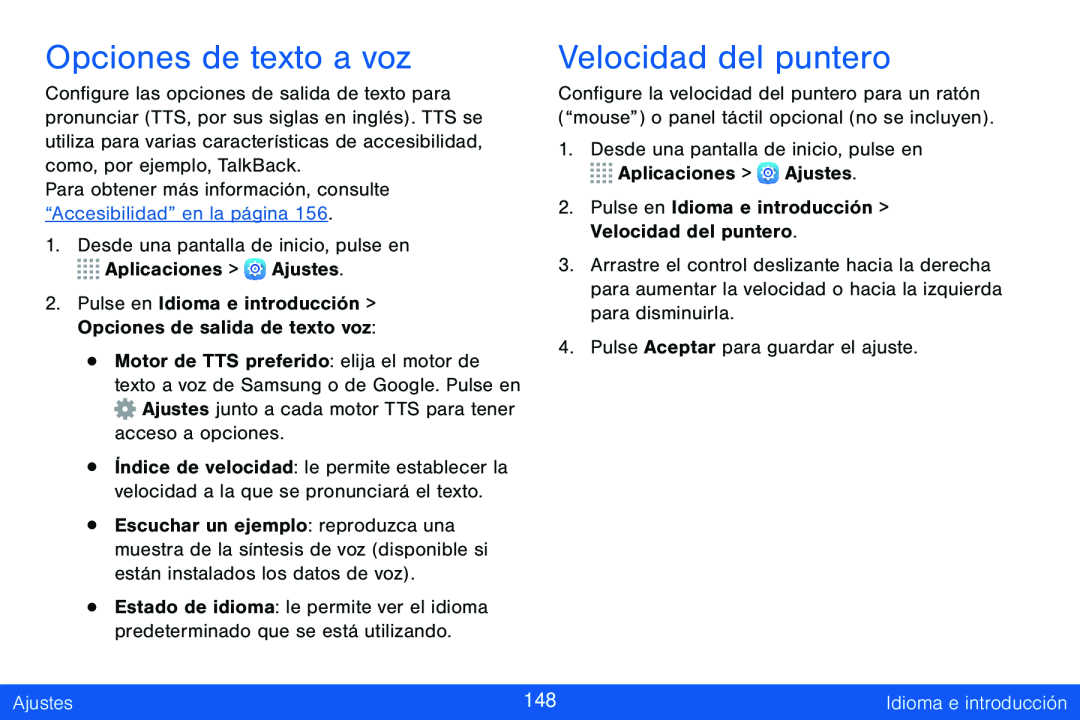 Opciones de texto a voz Velocidad del puntero