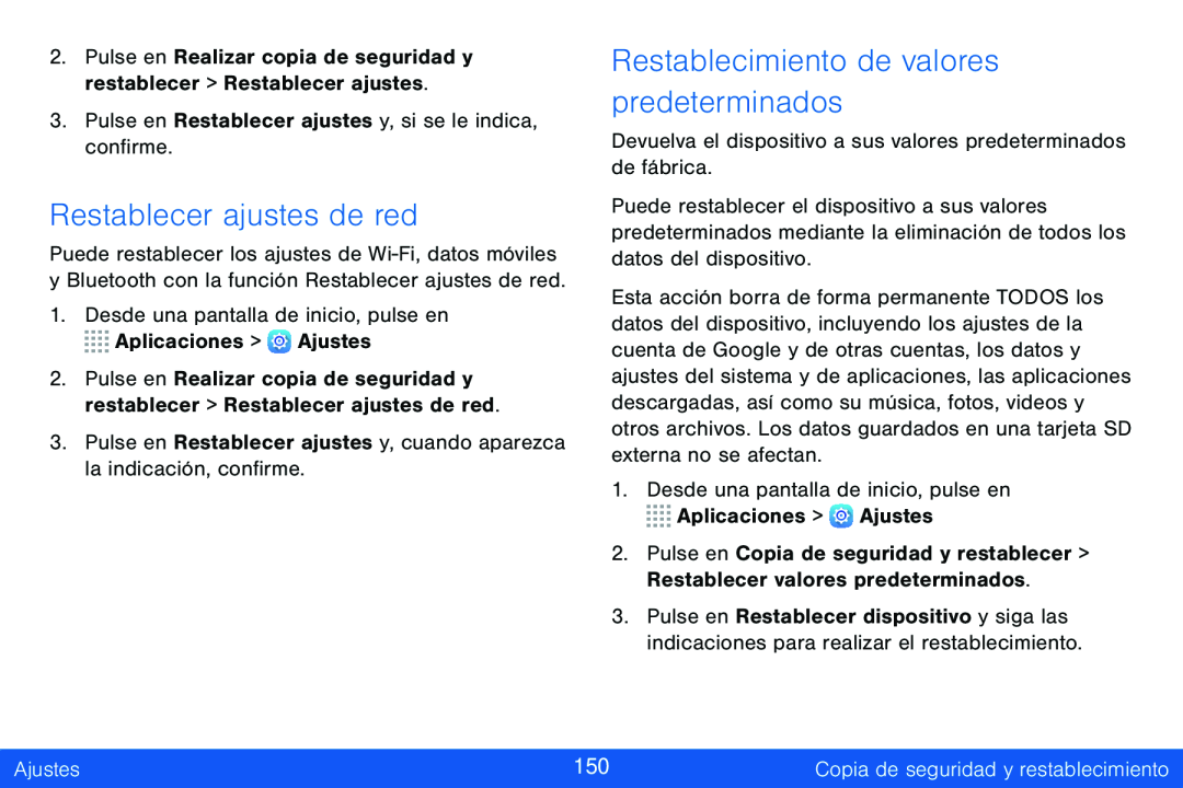 Restablecer ajustes de red Restablecimiento de valores predeterminados