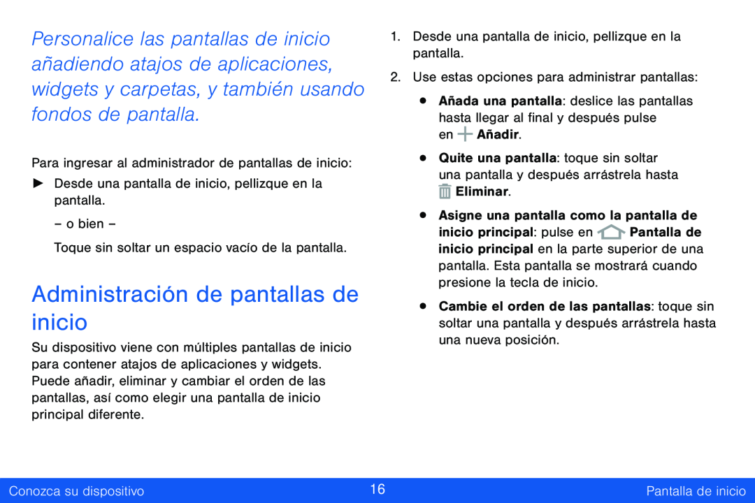 Administración de pantallas de inicio