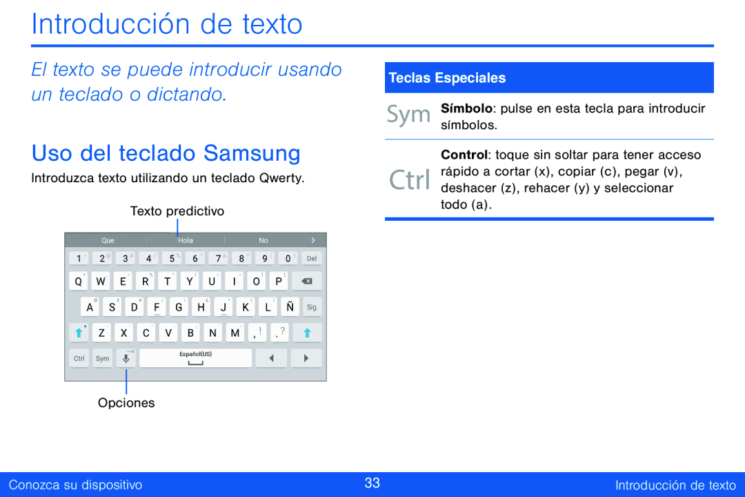 El texto se puede introducir usando un teclado o dictando Uso del teclado Samsung