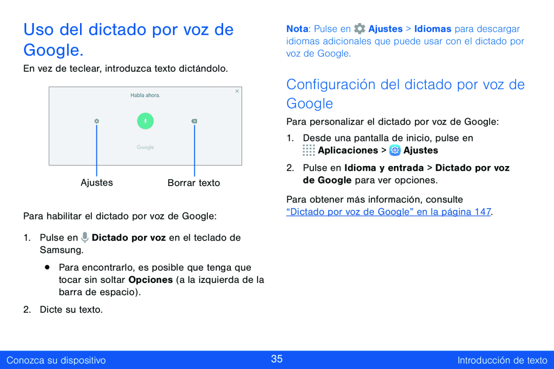 Configuración del dictado por voz de Google Uso del dictado por voz de Google