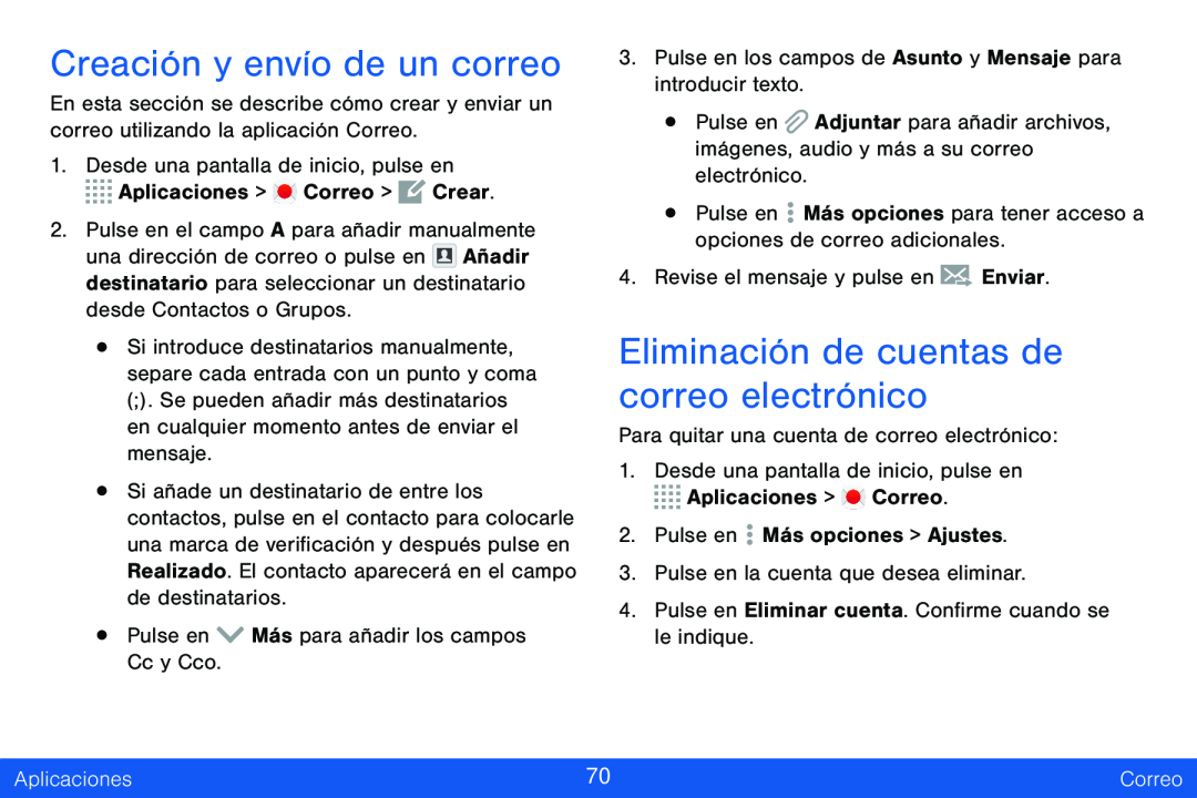 Creación y envío de un correo Eliminación de cuentas de correo electrónico