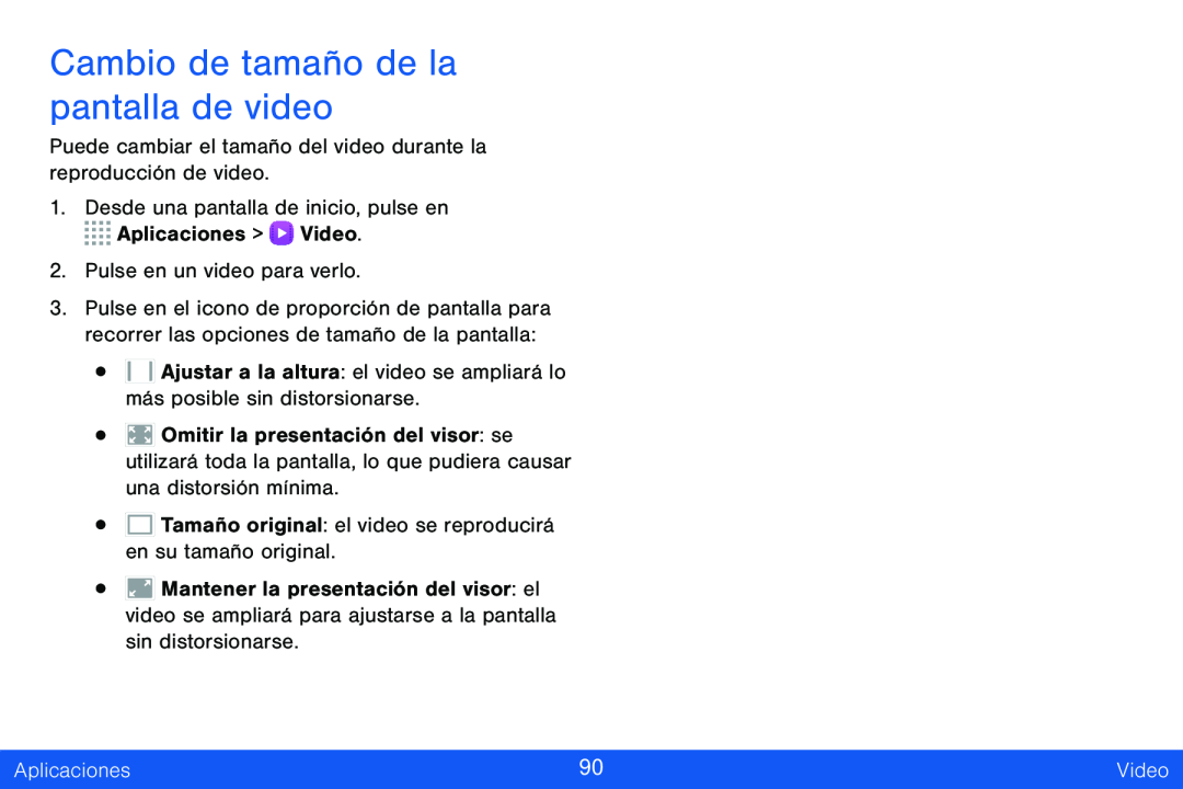 Cambio de tamaño de la pantalla de video Galaxy Tab S 8.4 Verizon