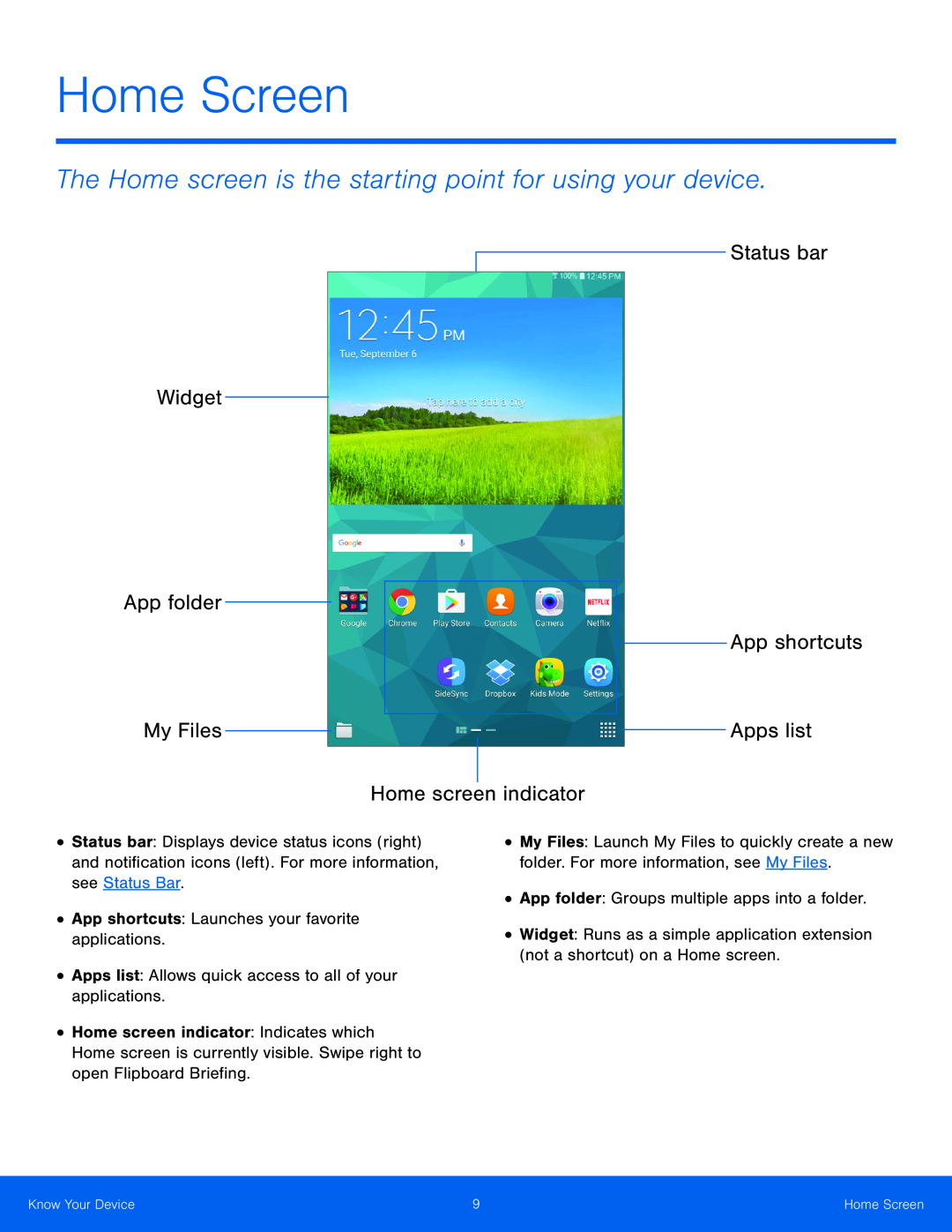 The Home screen is the starting point for using your device Galaxy Tab S 8.4 Wi-Fi