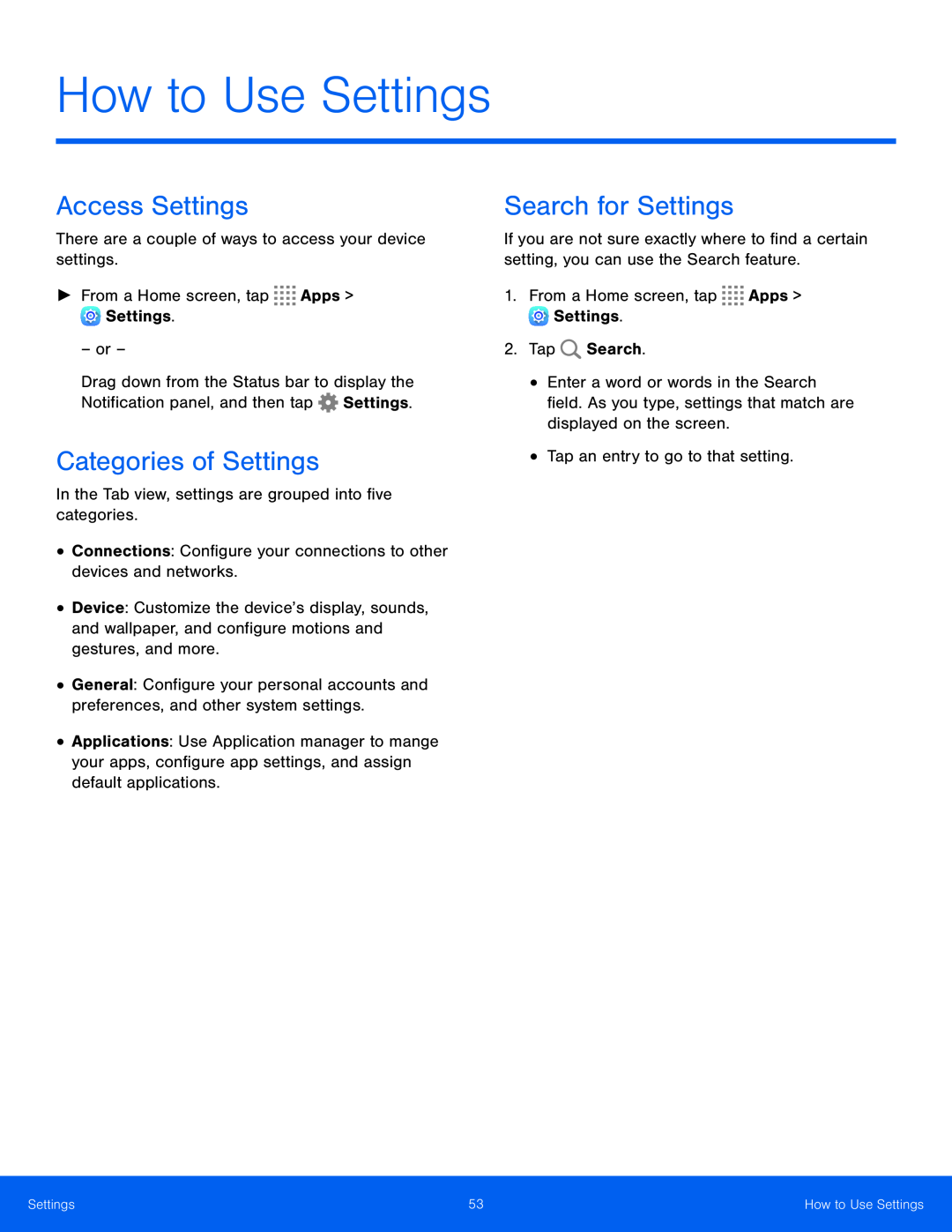 Access Settings Categories of Settings