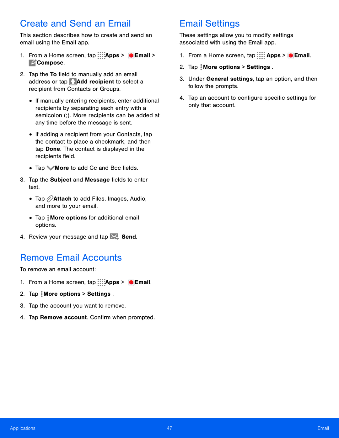 This section describes how to create and send an email using the Email app Galaxy Tab S 8.4 AT&T