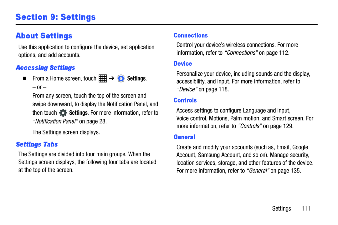 Accessing Settings Settings Tabs