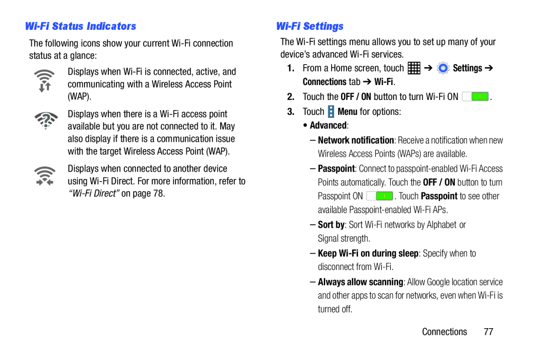 Wi-FiStatus Indicators Wi-FiSettings