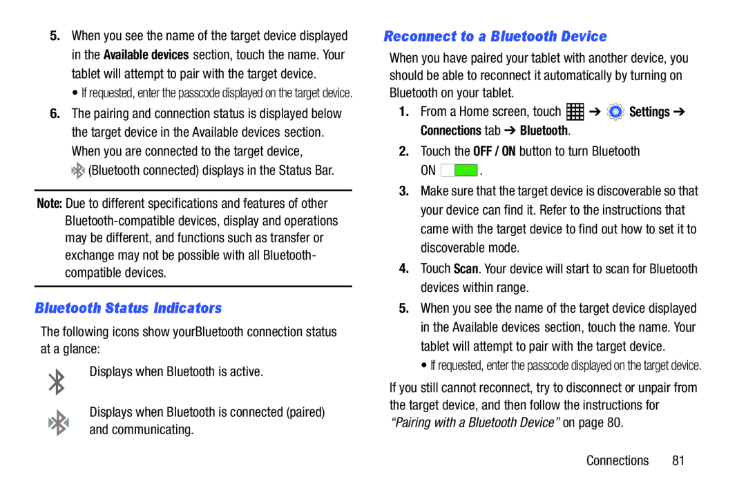 Bluetooth Status Indicators Reconnect to a Bluetooth Device