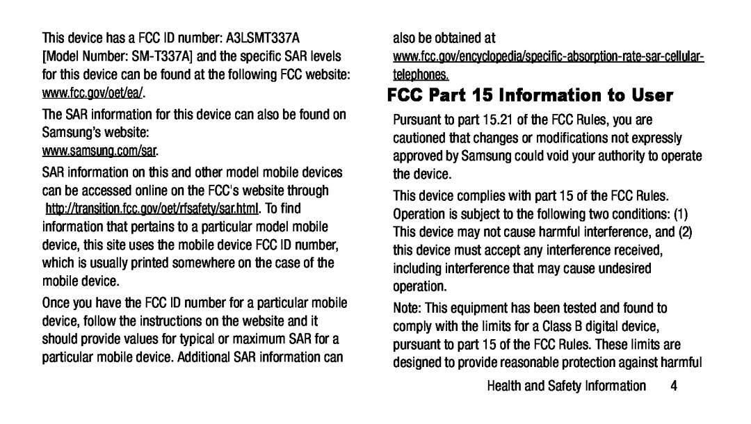 FCC Part 15 Information to User Galaxy Tab 4 8.0 AT&T