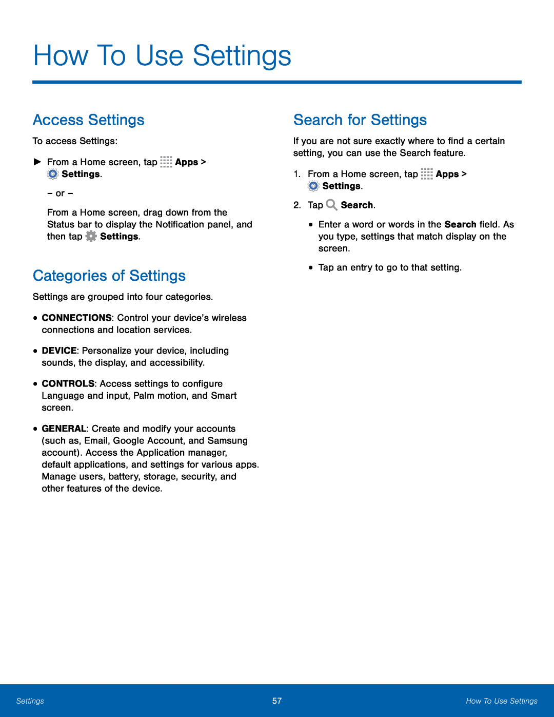 Access Settings Categories of Settings