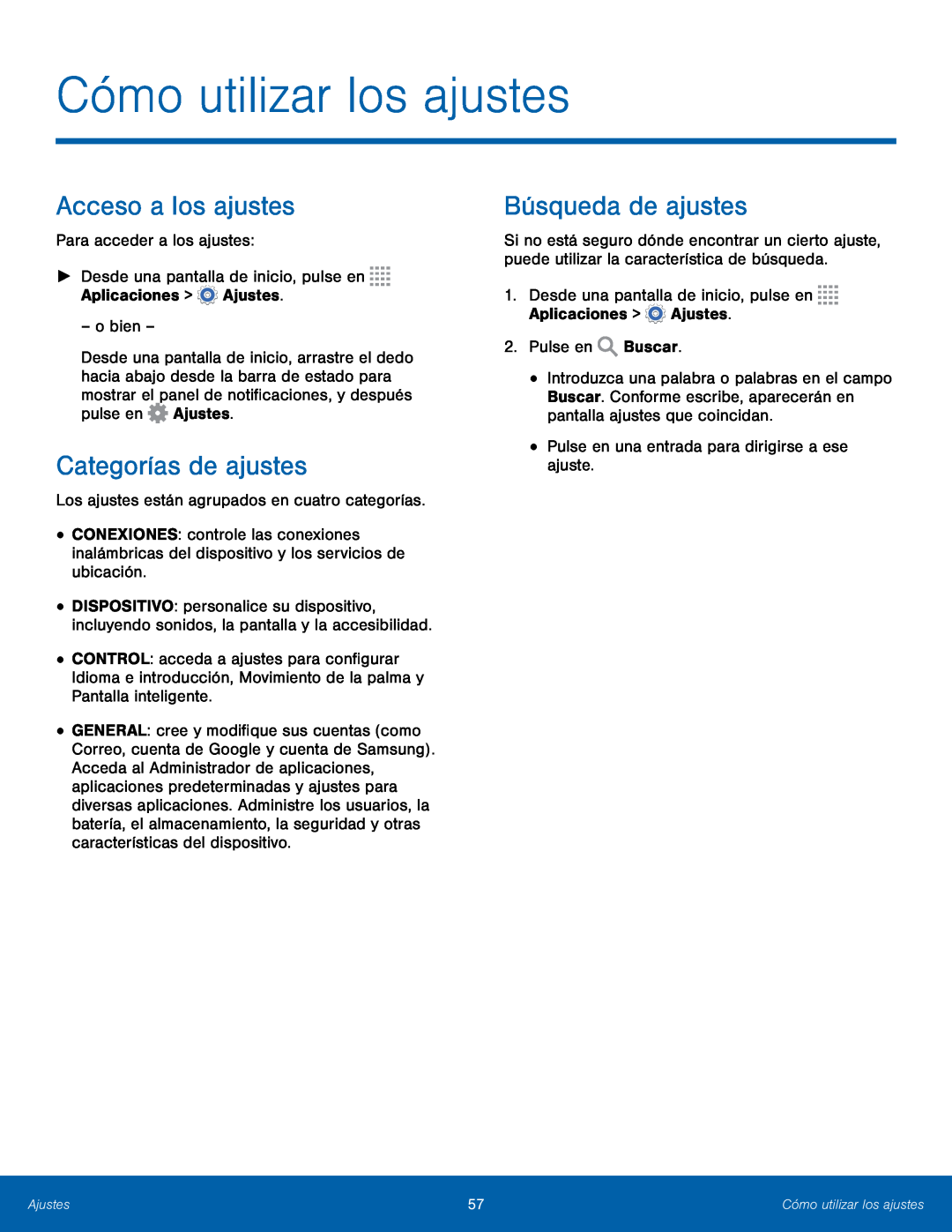 Acceso a los ajustes Categorías de ajustes