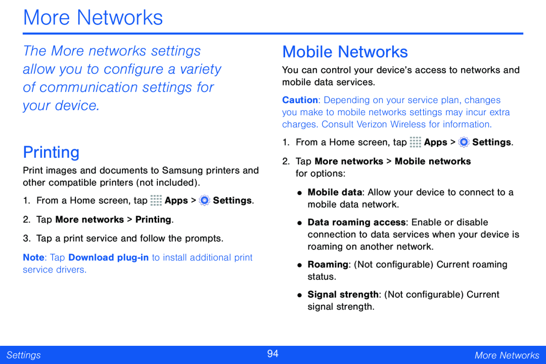 Mobile Networks Galaxy Tab 4 8.0 Verizon