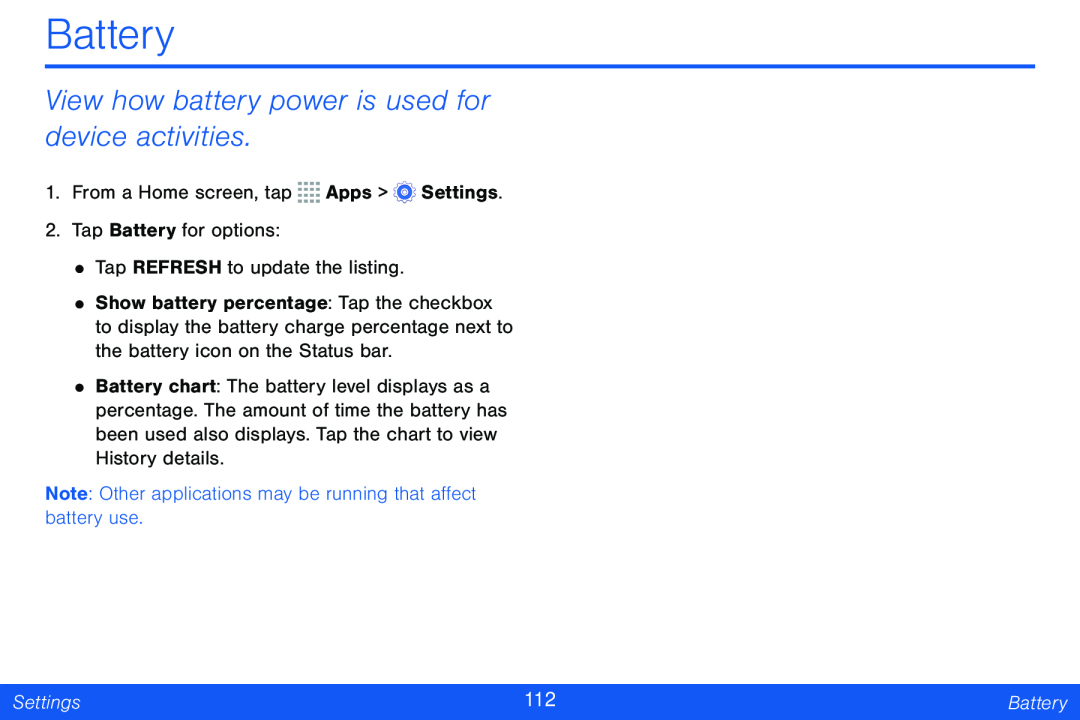 View how battery power is used for device activities Galaxy Tab 4 8.0 Verizon